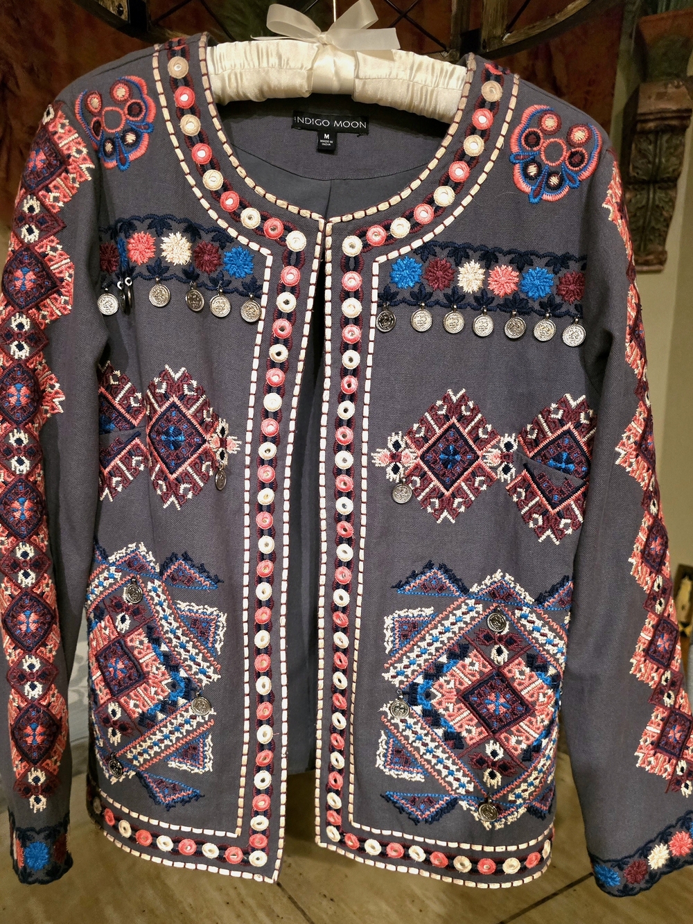Indigo Moon Vintage Boho Embroidered Embellished Jacket Grey Like New M